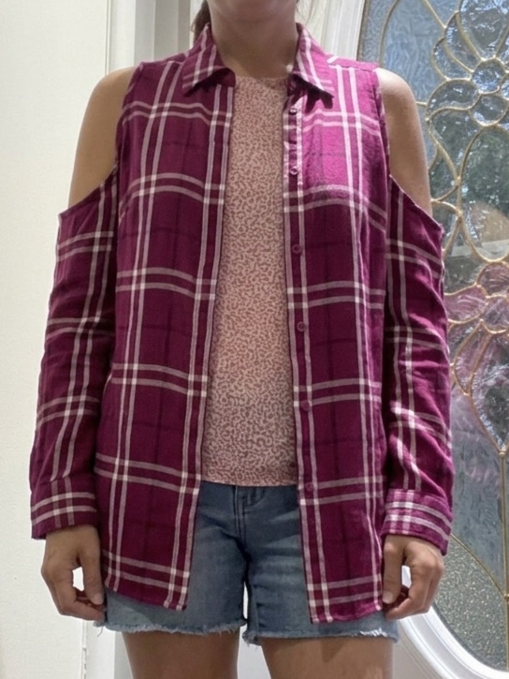 Express open shoulder Plaid Button-Down Top Raspberry White M